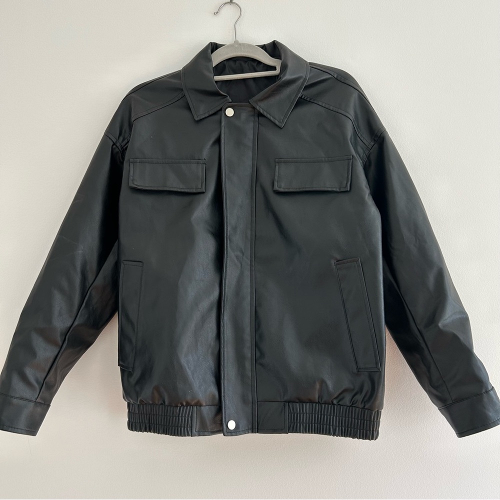 Men's Black Faux Leather Bomber Jacket with Snap Front